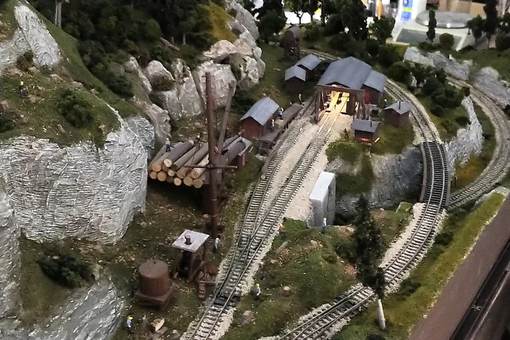 model railway scene depicting a logging operation